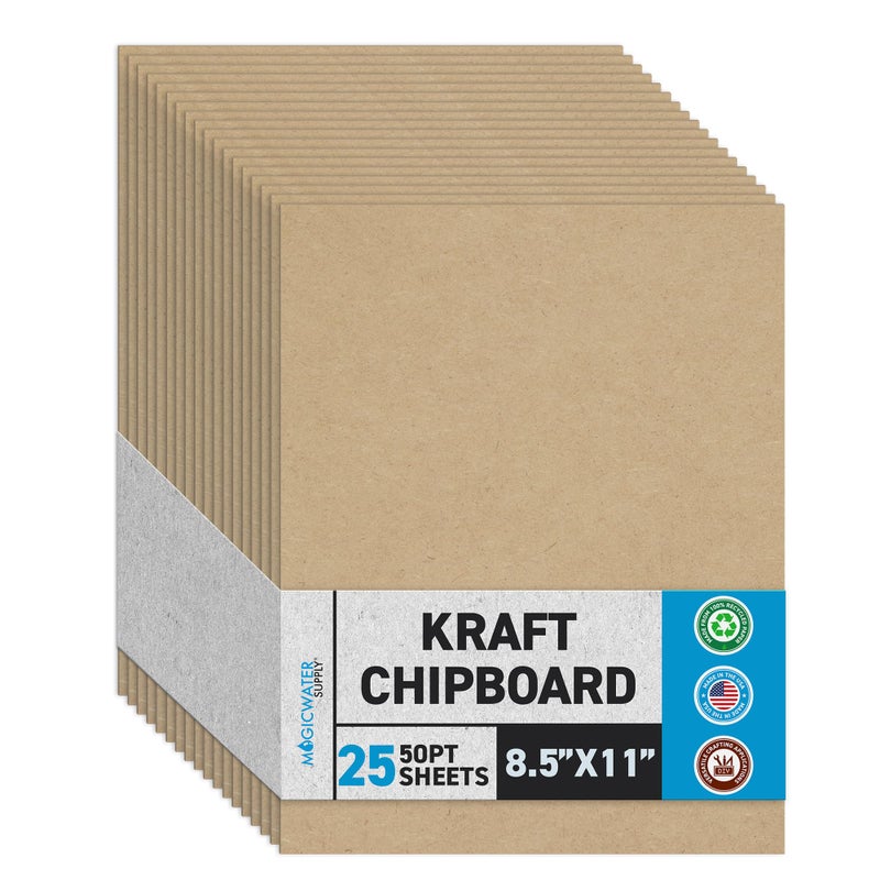 MagicWater Supply MagicWater Chipboard Sheet for DIY Projects - 8.5x11 Inch - 25 Pack - 50 pt - Heavy Duty Kraft. (0.050 Inch Thick) Paperboard, for Scrapbooking, Books, Picture Frame Backing, Arts Project & Crafts - Image 1